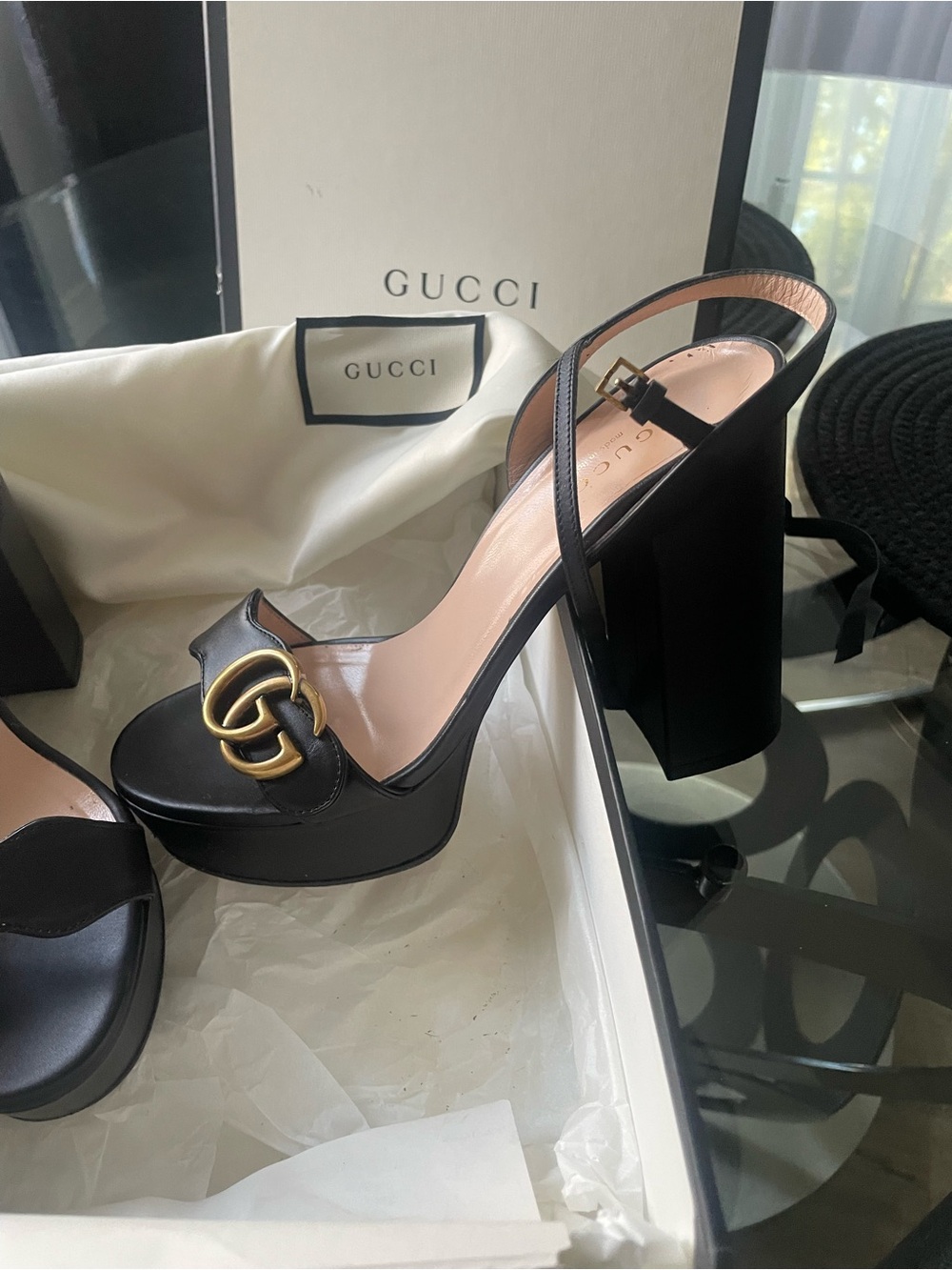 Gucci Black Leather GG Gold-Logo Slingback Heels - Picture 2 of 5
